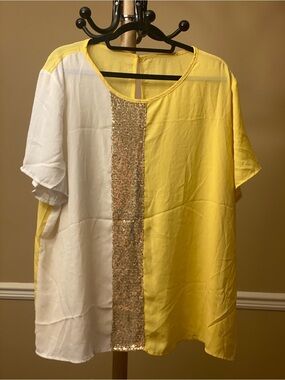 SHEIN Yellow and White Sequin-Trim Colorblock Blouse Plus Size 2XL XXL